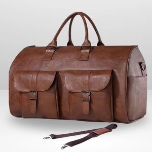 Elegant Brown Leather Garment Duffel Bag for Men